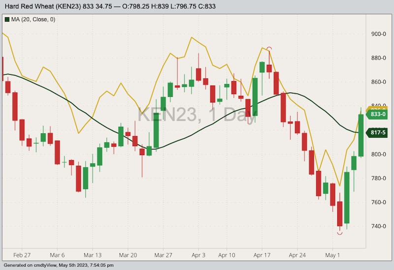 K.C. July 2023 hard red winter wheat with 20-day moving average and Minneapolis July 2023 hard red spring wheat (yellow line). (Barchart)
