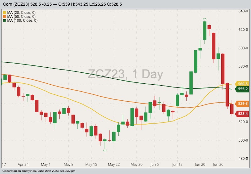 CBOT December 2023 corn with 20-, 50- and 100-day moving averages. (Barchart)
