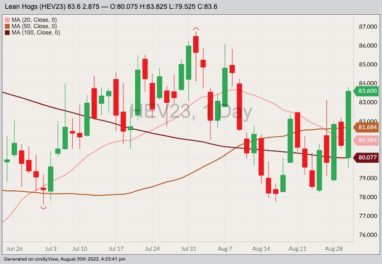 CME October 2023 lean hogs with 20-, 50- and 100-day moving averages. (Barchart)
