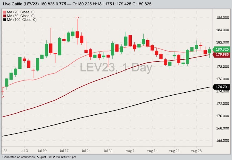 CME October 2023 live cattle with 20-, 50- and 100-day moving averages. (Barchart)
