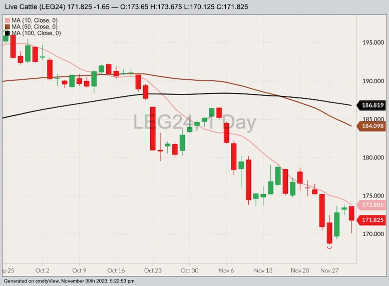 CME February 2024 live cattle with 10-, 50- and 100-day moving averages. (Barchart)
