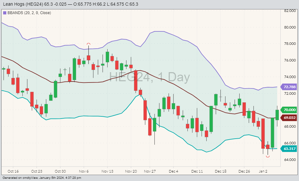 Lean hogs HEG24 on Jan. 5 with Bollinger. (Barchart)

