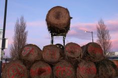 A hay bale is moved by a tractor over a pile to block a road, as French farmers protest over price pressures, taxes and green regulation, grievances shared by farmers across Europe, near Castelnaudary, in the south of France, January 23, 2024. The text on the hay bales reads: &#8220;JA&#8221; referring to &#8220;Jeunes Agriculteurs&#8221; (Young Farmers) and &#8220;We just want to feed, not die&#8221;. Photo: Reuters/Nacho Doce
