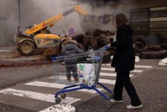 A woman, with her child, pushes a shopping trolley past a supermarket blocked by French farmers who dump tires and slurry as part of their protest over price pressures, taxes and green regulation, grievances shared by farmers across Europe, in Bon-Encontre near Agen, south of France, January 25, 2024. REUTERS/Nacho Doce