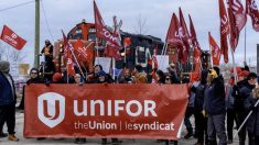 Unifor says it stopped a CN train at a crossing Winnipeg near where members were demonstrating in solidarity with striking workers in Halifax. Photo: Unifor