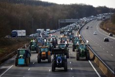 French farmers drive their tractors on a highway as they protest over price pressures, taxes and green regulation, grievances shared by farmers across Europe, in Longvilliers, near Paris, France, January 29, 2024. REUTERS/Sarah Meyssonnier