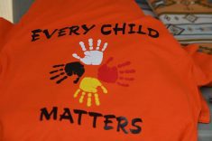 A t-shirt with words &#8216;Every Child Matters&#8217; seen on display in Edmonton, on August 24, 2023, in Edmonton, Alberta, Canada. (Photo by Artur Widak/NurPhoto)
