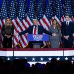 Surrounded by family members and supporters, Donald Trump makes his acceptance speech at his Election Night Watch Party at the Palm Beach County Convention Center after being elected the 47th President of the United States November 5, 2024. Photo: USA TODAY NETWORK via Reuters Connect