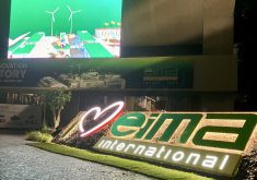 A display greets journalists and visitors at the main entrance of the EIMA international machinery and technology on Nov. 5, 2024.  Photo: Greg Berg