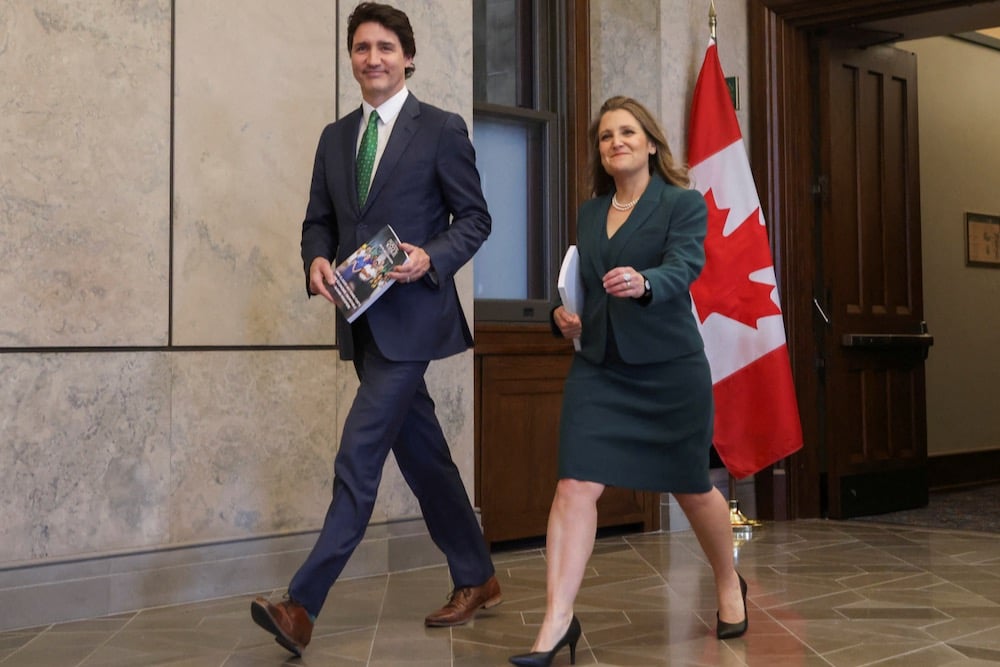 File photo of Chrystia Freeland with Prime Minister Justin Trudeau in Ottawa on March 28, 2023. (Photo: Reuters/Patrick Doyle)
