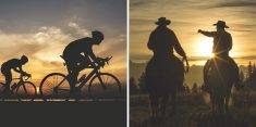 Silhouette two road bike cyclist man cycling in the morning, and Cowboys riding across grassland with mountains behind, early morning, British Columbia, Canada.