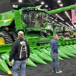 A John Deere combine sits on the show floor at the National Farm Machinery Show in Louisville, Kentucky, on Feb. 13, 2025.