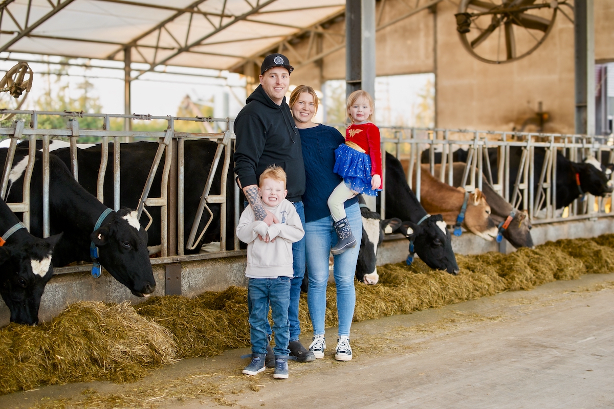 Albert Gorter and Chelsea Enns with their children at the Little Qualicum Cheeseworks dairy farm. 