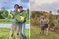 two farm couples standing on their farms