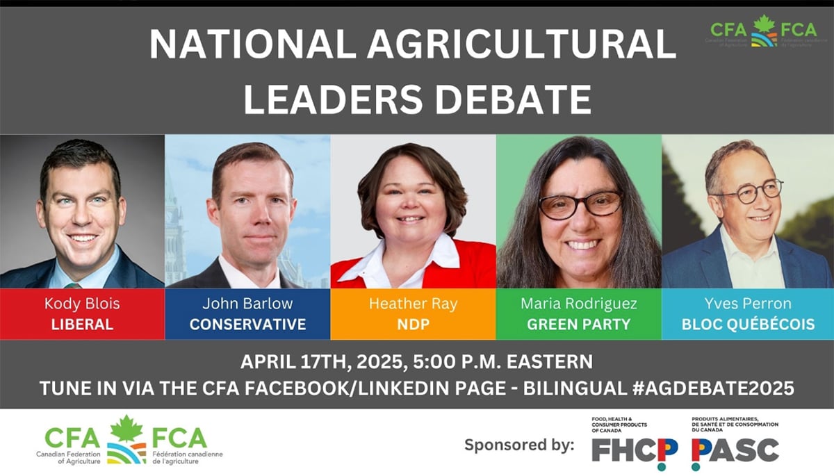Follow along with our live coverage of the 2025 National Agricultural Leaders Debate. Photo: Screencap via x.com/@CFAFCA
