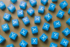 scissor image imprinted on dice to visualize where to make cuts in finances