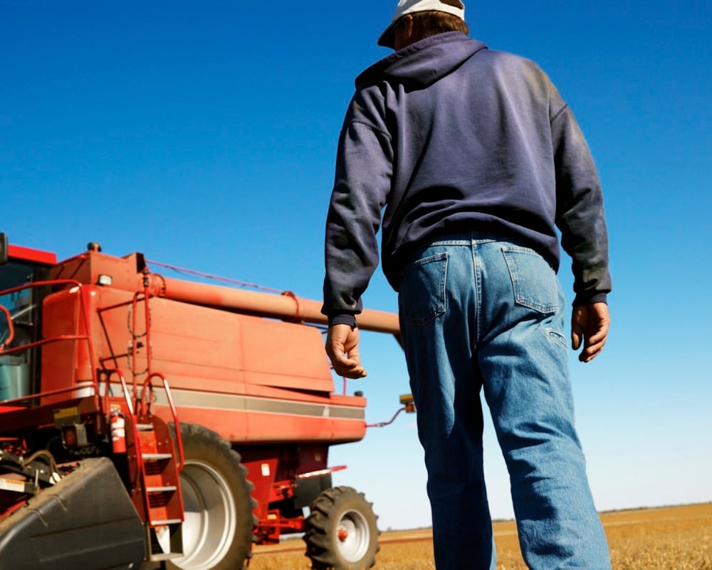 Farmer in blue jeans and a hoodie walking toward a red combine.