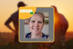 Patti Durand with farmers talking in a background image