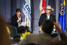 Vivian Argüelles, technical co-operation specialist with IICA and Ryan Beierbach, vice president of the Canadian Cattle Association, participate in a panel discussion at the 2025 Americas Agriculture and Food Security Forum at Olds College on June 17, 2025. Photo: IICA via X