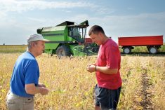two farmers standing in a field crop with a green combine in the background