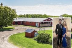 Paige and Marcus Dueck with a photo of their dairy farm in the background