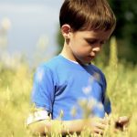 a young boy standing in an oat field
