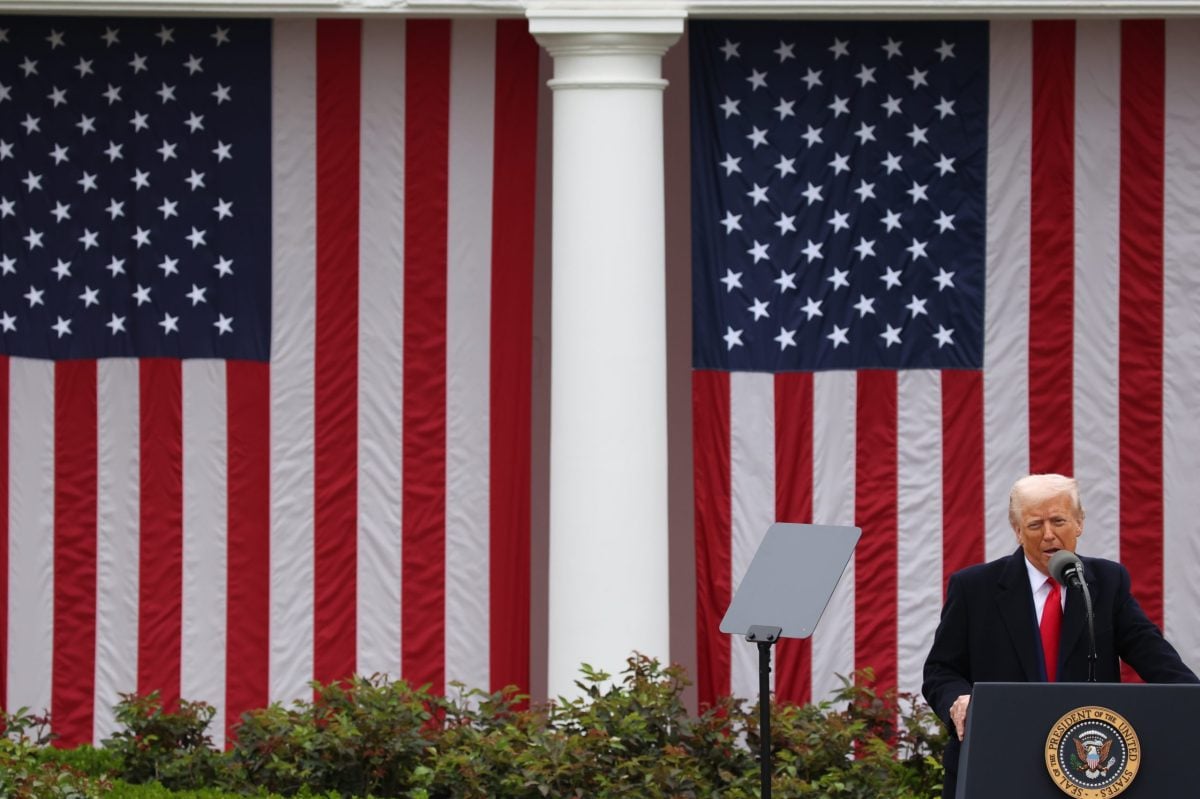 President Donald Trump speaks during a ‘Liberation Day’ event in the Rose Garden at the White House on April 2, 2025 in Washington, D.C. Photo: Samuel Corum/Sipa USA via Reuters Connect.
