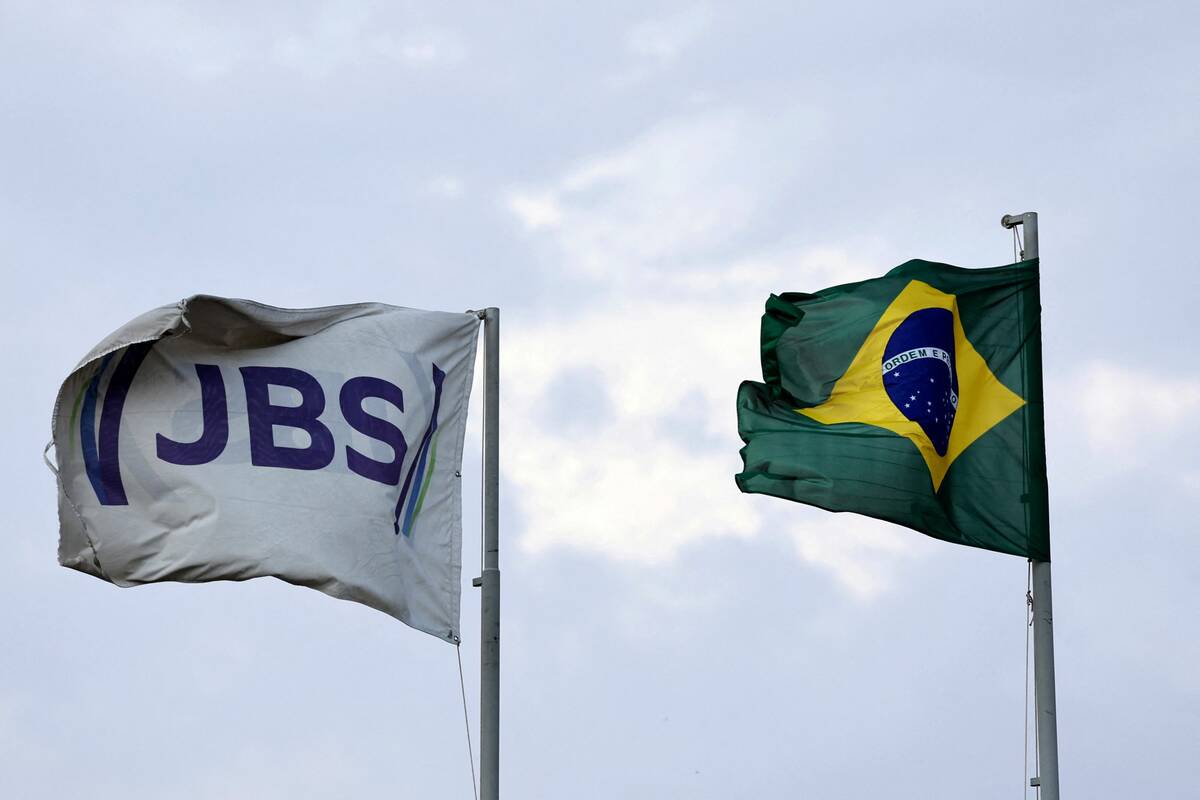 The flags of JBS S.A., the world’s largest beef producer, and the Brazil’s flag fly at a plant of JBS, in Santa Maria das Barreiras, Para state, Brazil September 12, 2025. Photo: REUTERS/Amanda Perobelli
