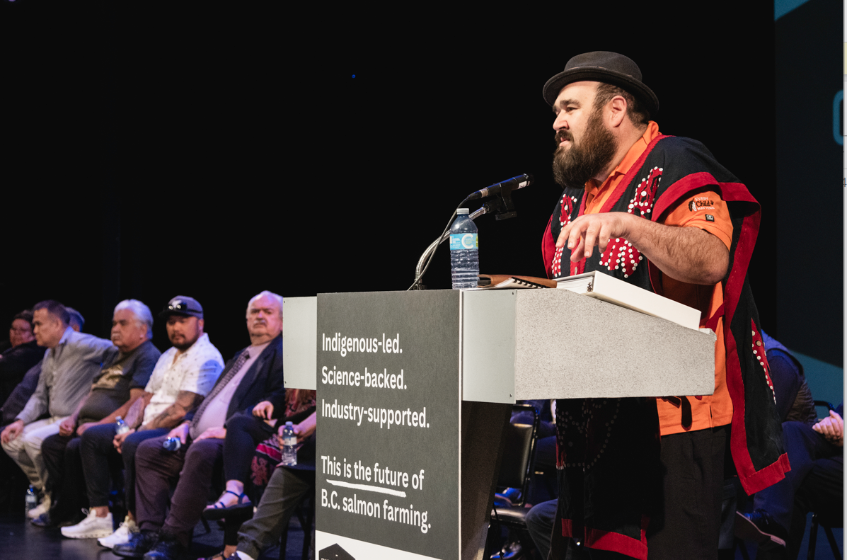 Dallas Smith speaking at the Coalition of First Nations for Finfish Stewardship’s launch of Modern Salmon Farming in British Columbia: A Review on April 5, 2024, at the Tidemark Theatre in Campbell River, B.C.