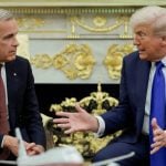 U.S. President Donald Trump and Canada&#8217;s Prime Minister Mark Carney meet in the Oval Office at the White House in Washington, D.C., U.S., October 7, 2025. REUTERS/Evelyn Hockstein
