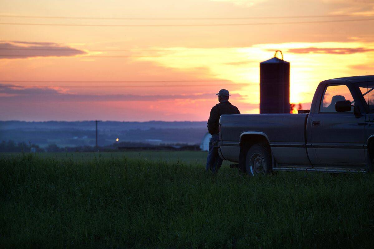 Farmer gazing out at his crop with grain silo and sunset in background.