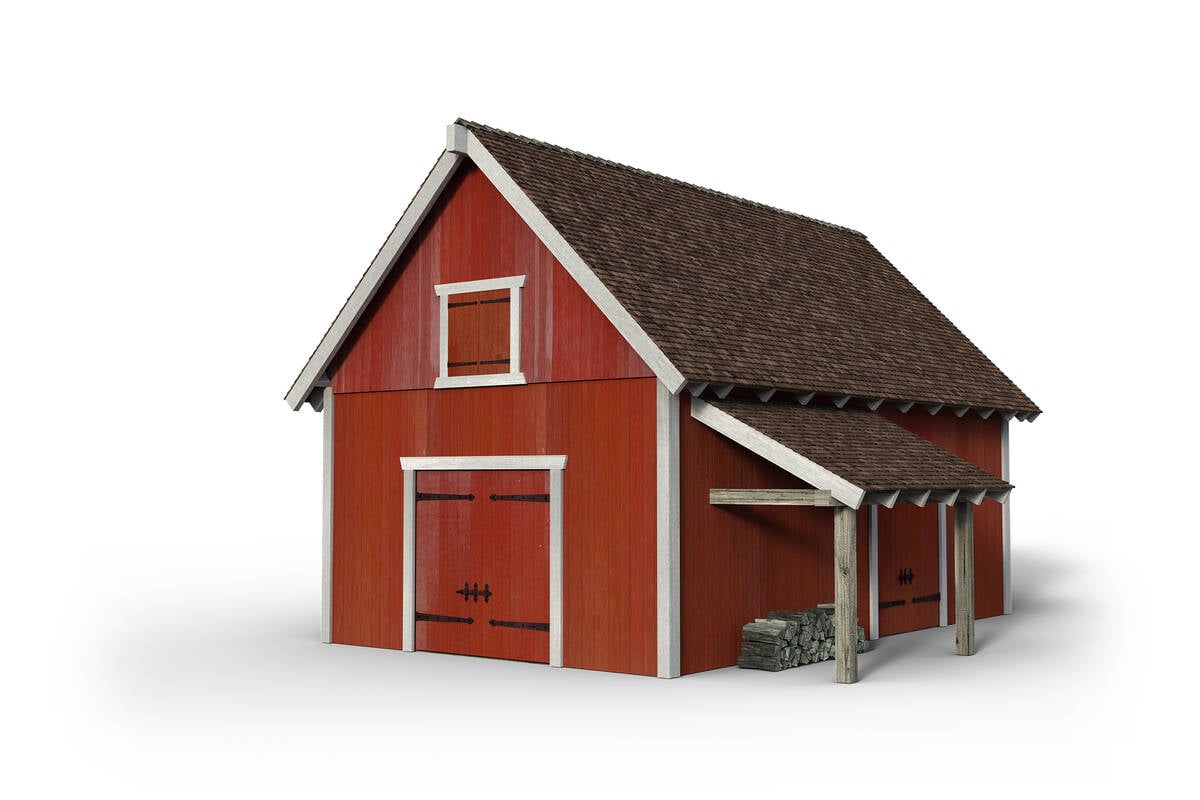 3D illustration of a red wooden barn isolated on a white background.