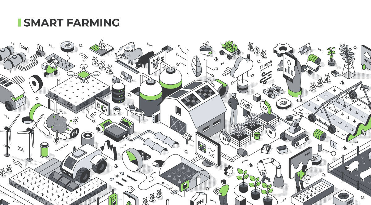 Smart farming isometric illustration showcases innovative farming techniques: robotics, autonomous vehicles, remote control, drone usage, AI and weather monitoring in modern agriculture practices.