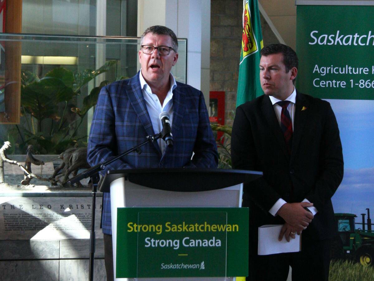 FILE PHOTO: Saskatchewan premier Scott Moe, left, and Kody Blois, parliamentary secretary to the prime minister, participate in a press conference following trade discussions in August 2025. Photo: Janelle Rudolph
