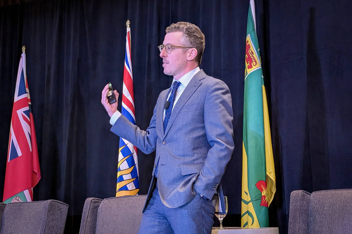 Charles Breton discusses polling data on national resentment at the Western Canada Economic Forum in Winnipeg on Jan. 22, 2026. Breton is the executive director of the Centre of Excellence on the Canadian Federation. Photo: Geralyn Wichers
