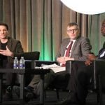 (Left to right) Jeff Mahon, Greg MacDonald and Edwini Kessie speak on a panel at the Canadian Crops Convention in Toronto on March 12. Photo: Jonah Grignon
